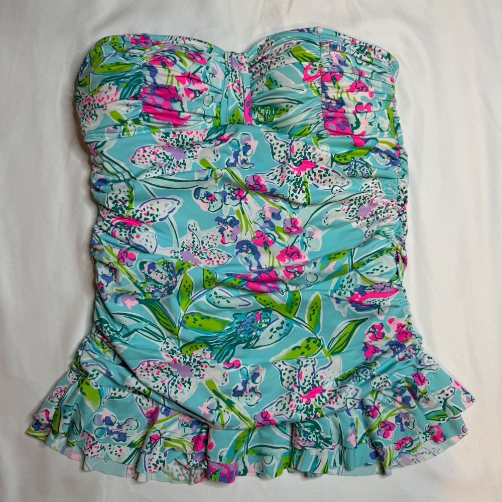 Lilly Pulitzer Turquoise Floral Strapless Ruched Ruffle Tankini Swim Top Size 2
